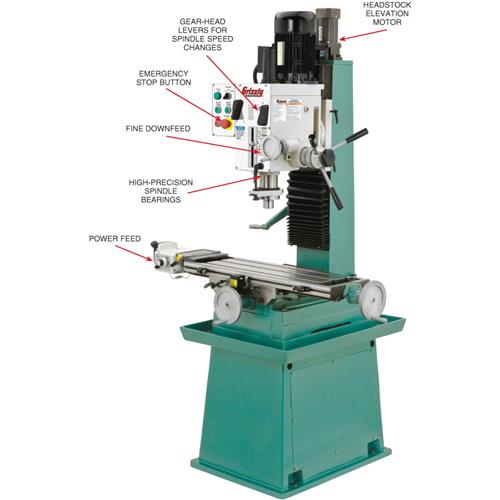 Grizzly 10" x 32" 2 HP HD Mill / Drill with Stand & Power Feed